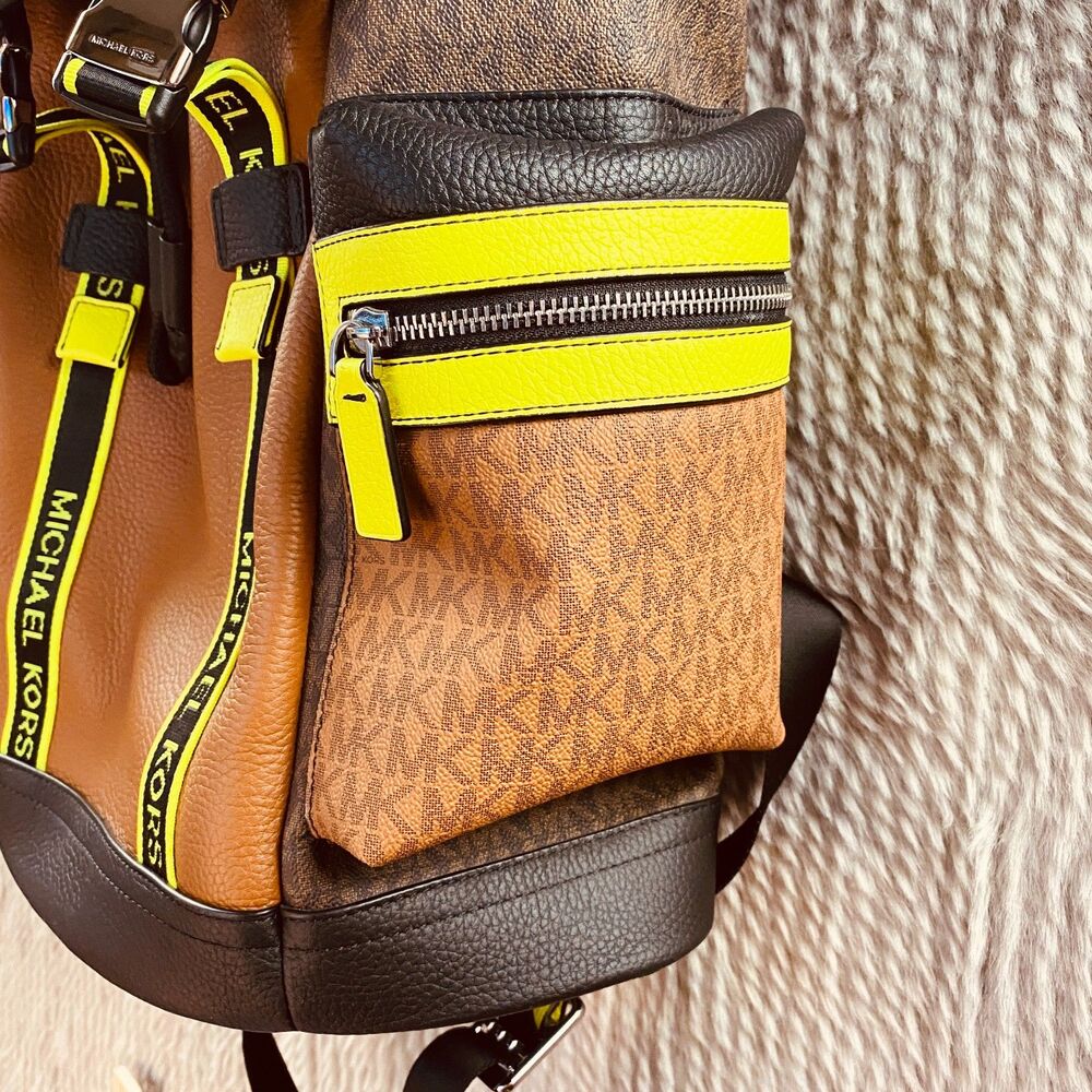 Michael Kors Cooper Two‑Tone Leather Travel Backpack Neon Trim Style 37H1LCOB2B - Picture 7 of 9